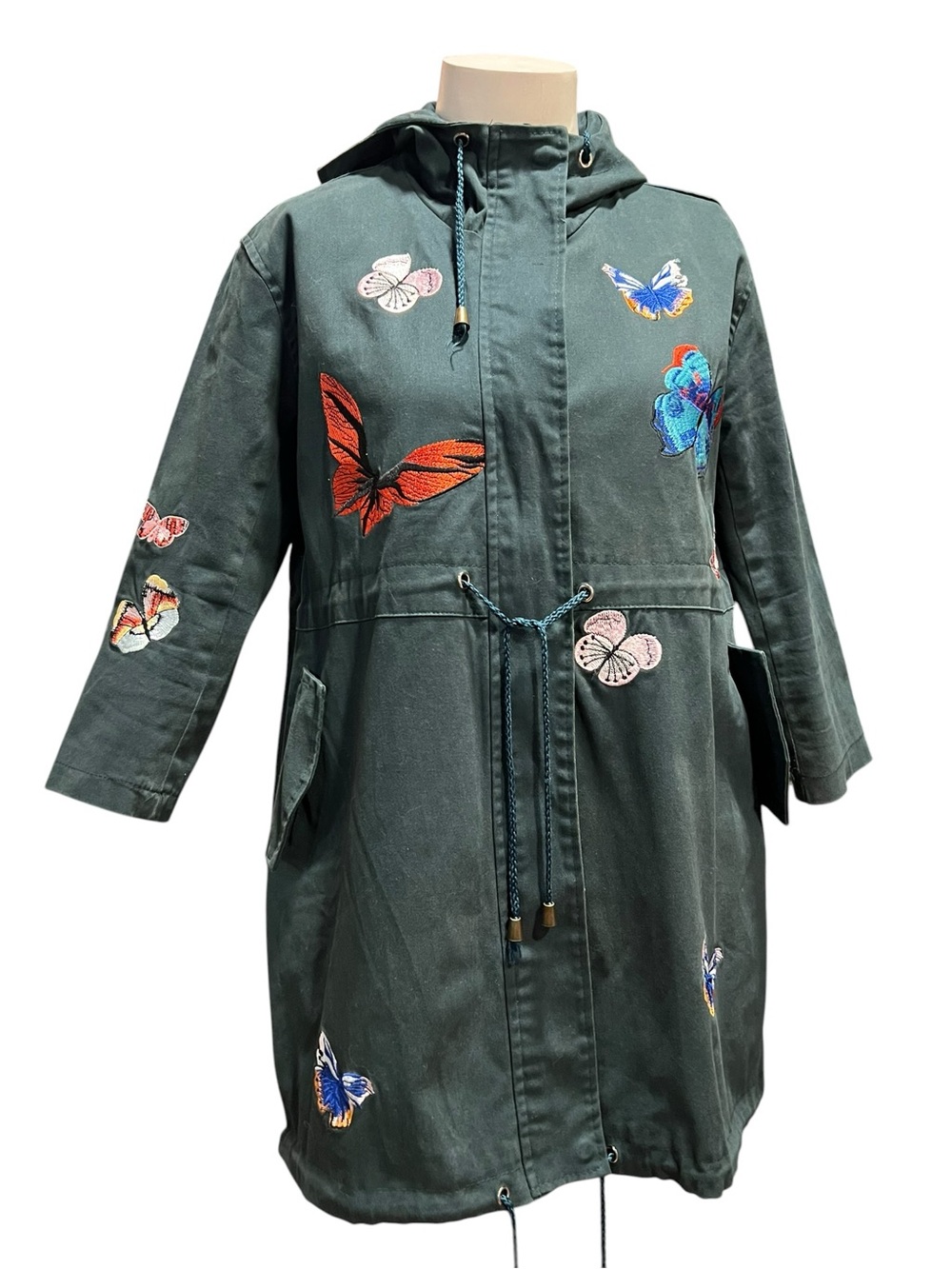 Zaza Hooded Olive Green Butterfly Embroidered Parka Jacket